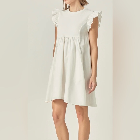 English Factory Mixed Media Ruffle Sleeve White Dress Size Large - Picture 2 of 16